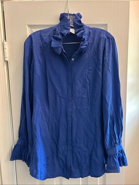 Soft Surroundings Royal Blue Ruffle-Neck Dress Shirt 100% Silk Large